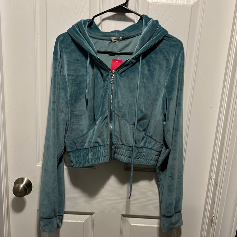 Teal Velour Zip-Up Hoodie and shorts set